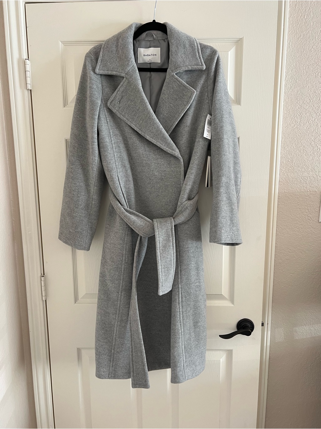 Babaton Aritzia Gray Wool-Blend Long Coat With Tie Waist 100% Virgin Wool